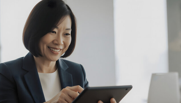Smart Businesswoman with a Digital Tablet: A confident professional woman, engrossed in her work, skillfully navigates a digital tablet, demonstrating the modern tools in the office and workplace.