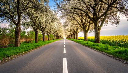 Fototapeta premium Road alley with blooming trees in spring