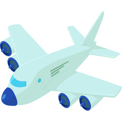 Pale Blue Four Engine Jet Airplane With Dark Blue Engine Nacelles and Cockpit Windows Isolated On White Background Representing Aviation and Travel