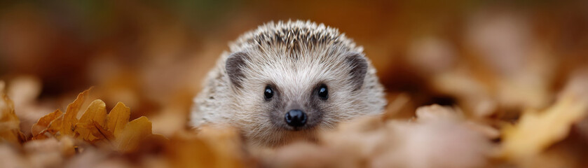 Fototapeta premium Hedgehog resting on dry autumn leaves with soft focus background winter is coming in nature scene