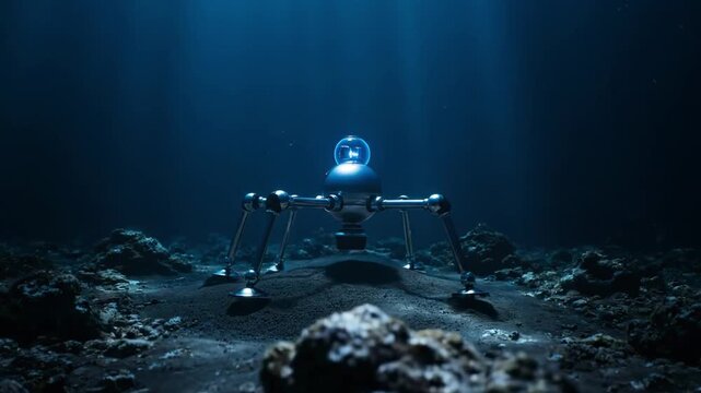 A six-legged robotic explorer with a glowing head stands on the ocean floor