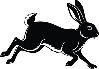 Black silhouette of a running rabbit or leaping hare vector illustration isolated on a white background, dynamic monochrome graphic design