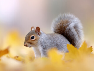 Fototapeta premium Gray squirrel in autumn leaves with winter coming soon in nature scene