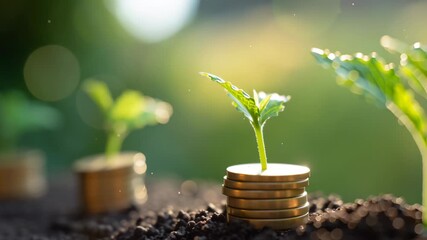 Growing plant with coins symbolizing investment and financial growth in a green environment - Powered by Adobe