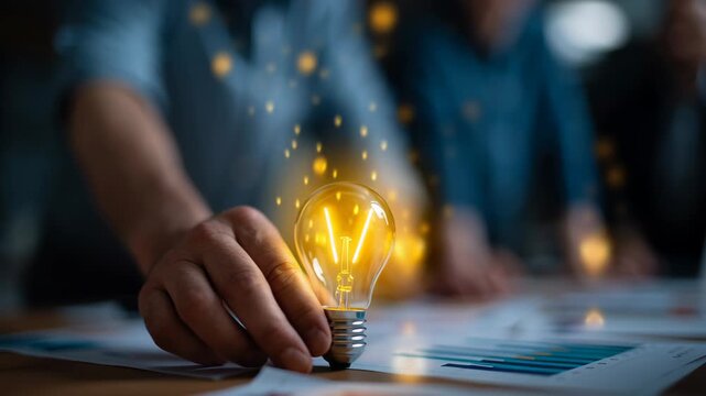 Creative brainstorming session with light bulb ideas on presentation papers