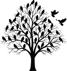 Silhouettes of Birds Perched on a Bare Tree with Some Flying Away Vector Illustration