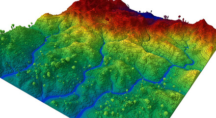 High-resolution 3D digital elevation model showcasing complex geographical terrain with intricate river networks and altitude variations, ideal for scientific research and environmental analysis