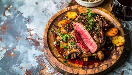 Sliced Steak with Mushrooms, Potatoes, and Wine in View