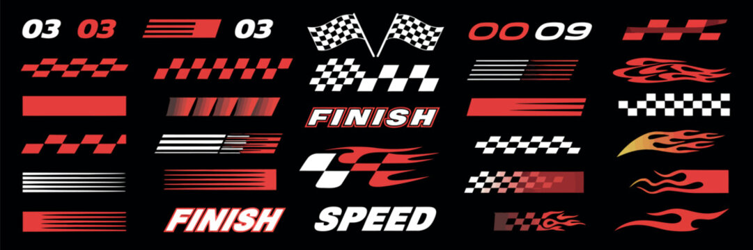 A dynamic collection of motorsport racing graphics featuring checkered flags, speed motion blur effects, and flame decals for automotive design