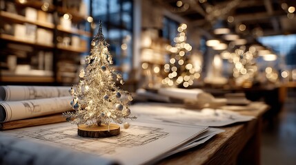 Minimalist Christmas tree an architect's office Sharp focus on silver ornaments with a blurred background of blueprints Professional and creative holiday celebration concept