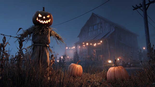 Haunted Farm Halloween Night with Scarecrow and Lit Pumpkins  