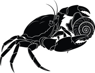 Black Silhouette of Crab Holding Conch Shell Vector Illustration Marine Animal