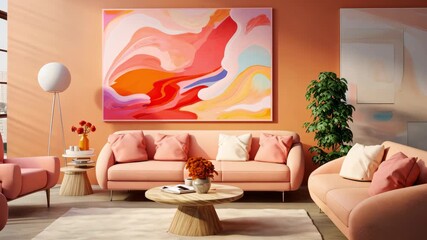 Modern pink and orange living room with abstract wall art and cozy furniture setup. cozy interior design concept - Powered by Adobe