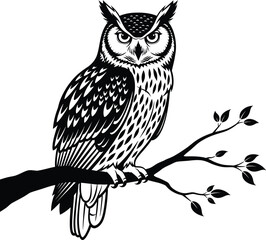Majestic Owl Perched on Branch Black and White Vector Illustration