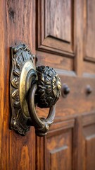 Ornate golden door knocker on a polished wood door
