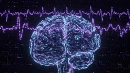 Digital brain rendered in purple/teal hues with data streams and waveforms - Powered by Adobe