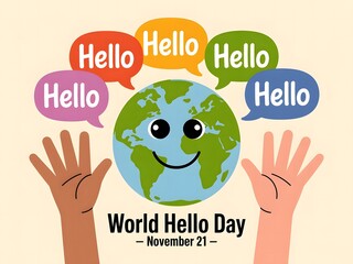Colorful Cartoon Earth Illustration Celebrating World Hello Day with Speech Bubbles