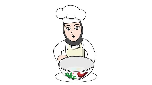 A Muslim Female Chef Cartoon Cooking Bakso Animation Video 4K suitable for your project needs