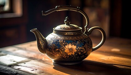 Ornate, vintage teapot with floral designs on a wooden surface