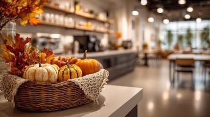 Thanksgiving cornucopia centerpiece a corporate break room Sharp focus on pumpkins and autumn fruits with a blurred background Warm festive professional holiday concept