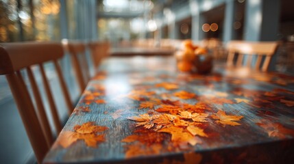 Thanksgiving autumn leaf print tables in a corporate cafeteria Warm and festive decor for a professional setting Blurred background with tiltshift effect