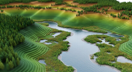 Lush digital landscape artwork depicting a flowing river meandering through gradient contoured hills and vibrant green woodlands, evoking a peaceful natural scene
