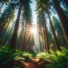 Sun peeks through tall trees in a forest with ferns