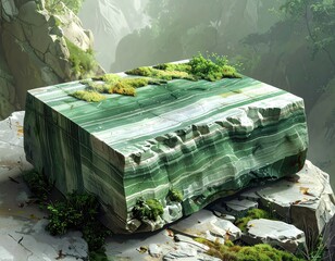 Dramatic perspective presents a textured, green, layered stone formation with hints of white and gold nestled amidst a lush, green landscape with accents of small vegetation and mossy areas,