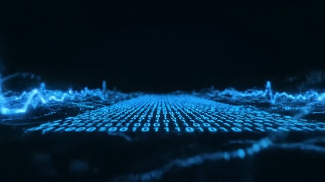 A dark blue, digital image of undulating lines and data with binary code subtly visible