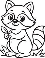 Cute cartoon raccoon holding a small leaf, ready for coloring fun