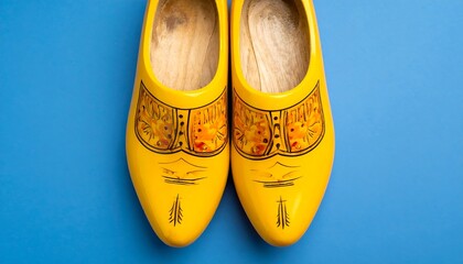 Pair of bright yellow wooden clogs on a vibrant blue background