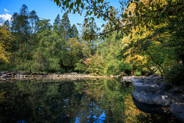 Autumn Scenic Lake with Reflection and Surrounding Trees