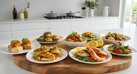 A variety of colorful prepared seafood dishes on a wooden surface in a bright kitchen setting