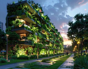Modern urban building featuring lush greenery, plants, and a vibrant display of flora on its exterior, creating an eco-friendly and sustainable architectural design.