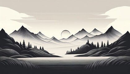 Minimalistic mountain landscape, black and white, vector illustration