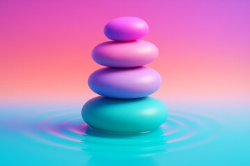 Obraz premium Pastel-colored smooth stones stacked in balance on water with ripple effect and vibrant gradient background, symbolizing zen and harmony concept. Ai generative