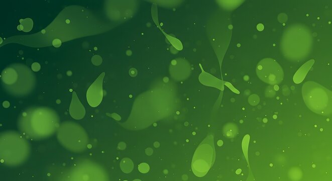 Abstract green gradient background with translucent shapes and particle effects