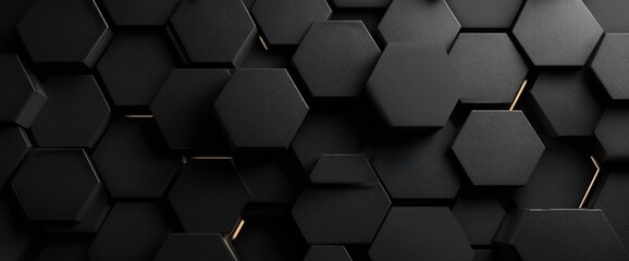 A 3D rendering showcasing a geometric pattern composed of black hexagonal tiles with gold accents