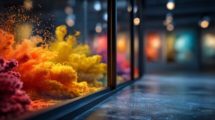 Vibrant Holi powder splash print a glass partition in a design studio Radiant and colorful festive decor Cinematic photo with a creative bokeh background