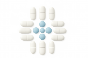 Pills medicine health care. Round blue tablets and white capsule drugs forming a cross shape, transparent background