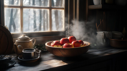 Steaming bowl of ripe red apples bathed in warm sunlight streaming through a rustic window, evoking a cozy and comforting autumn or winter kitchen scene