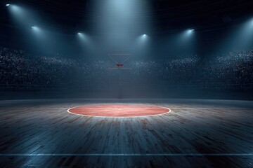A dimly lit basketball court is under the spotlight, with an audience cheering in the background