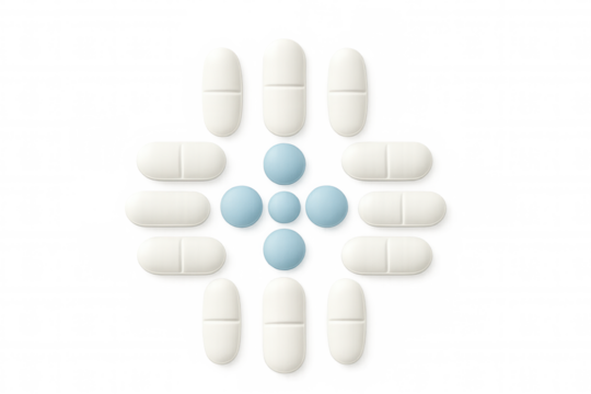 Pills medicine health care. Round blue tablets and white capsule drugs forming a cross shape, transparent background