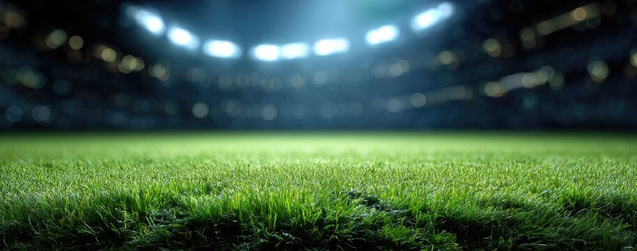 A green field with vibrant blades of grass is set against a blurred night stadium background