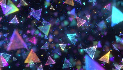 Abstract digital artwork featuring a vibrant explosion of colorful triangular shapes, scattered