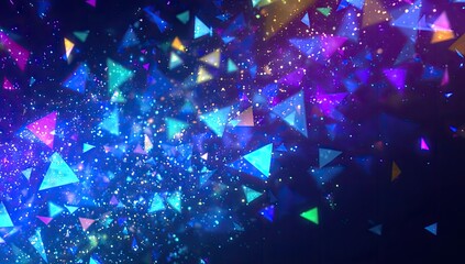 Abstract geometric composition, a flurry of vibrant triangular shapes on a deep blue background