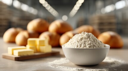 Fototapeta premium Bakery Warehouse, preparation process . Bakery Ingredients Arranged in Warehouse for Dough and Pastries Preparation with Copy Space, Baking Concept