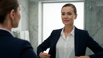 Woman in a navy suit adjusts jacket in a modern bathroom mirror, with a focus on confidence