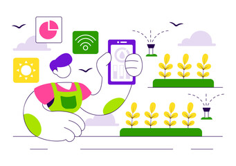 Smart Agriculture Irrigation Systems Illustration Featuring Plant Growth and Vertical Farming with Hydroponics and Plant Monitoring via Mobile App