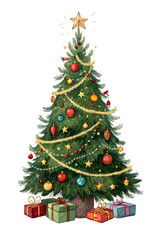 Decorated Pine Tree With Ornaments And Presents